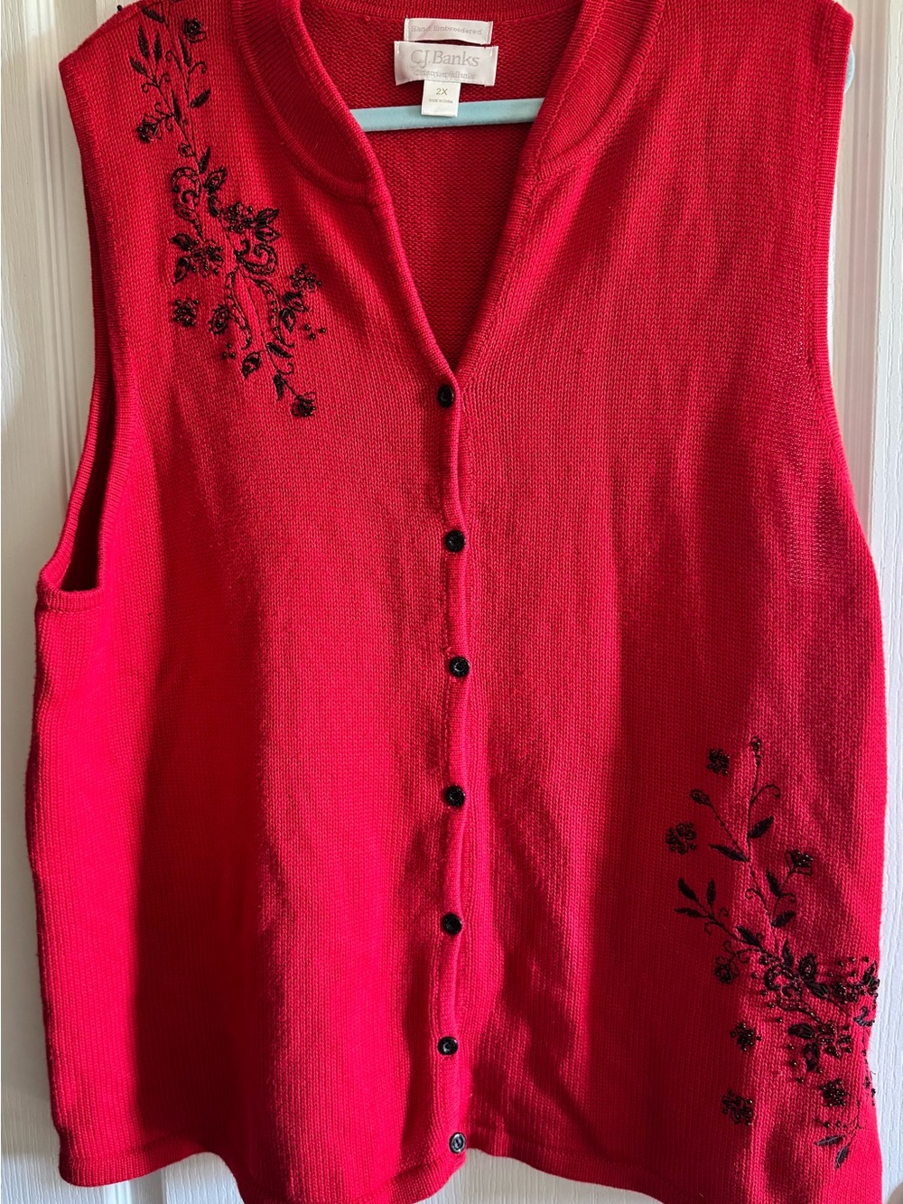 CJ Banks Women’s 2X Red Sleeveless Button Up Vest with Black Floral Embroidery